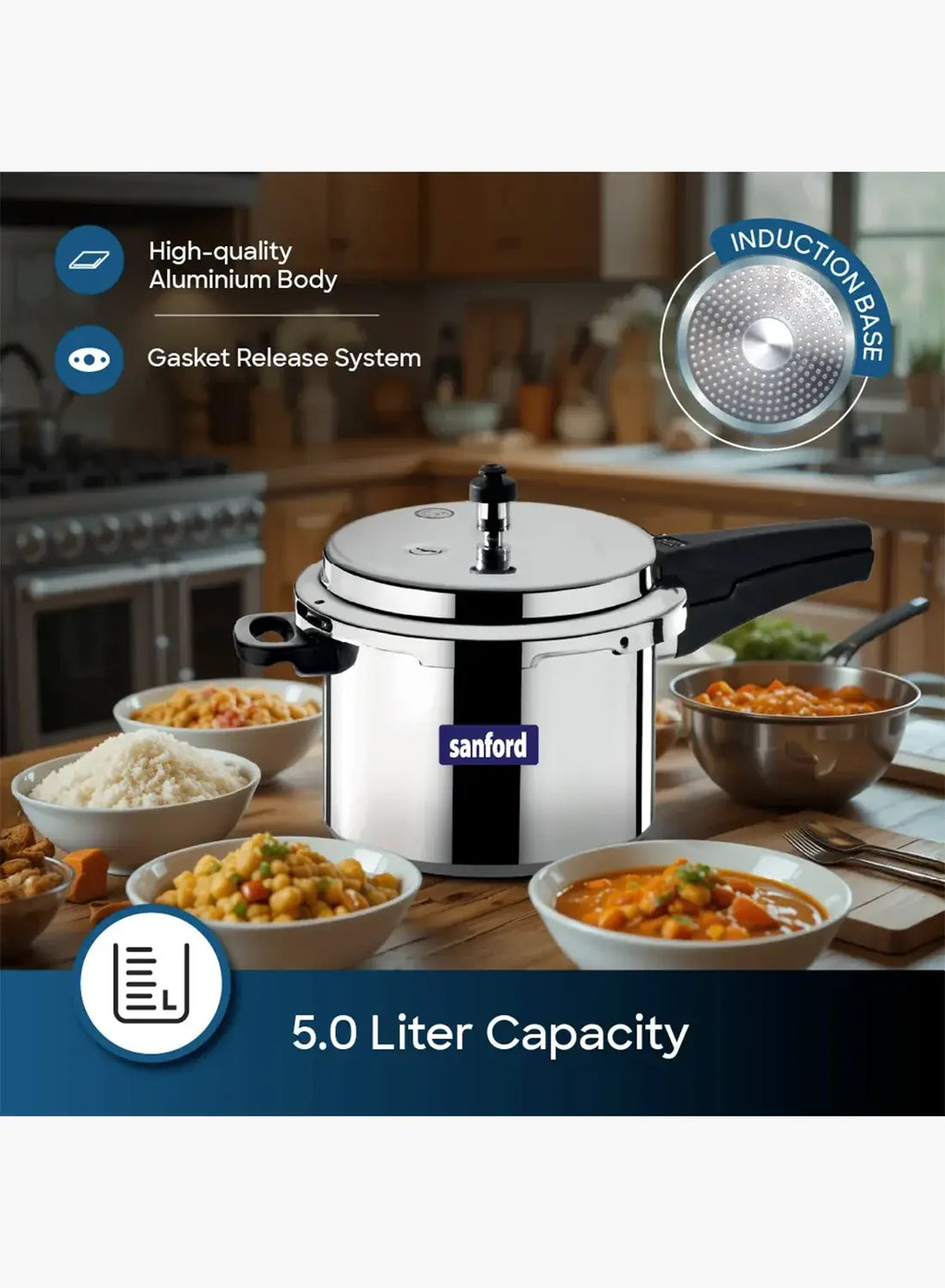 Sanford SF3253PC Aluminium Pressure Cooker 5L | Induction Base | Dual Safety Valve | Heavy Duty Cooker