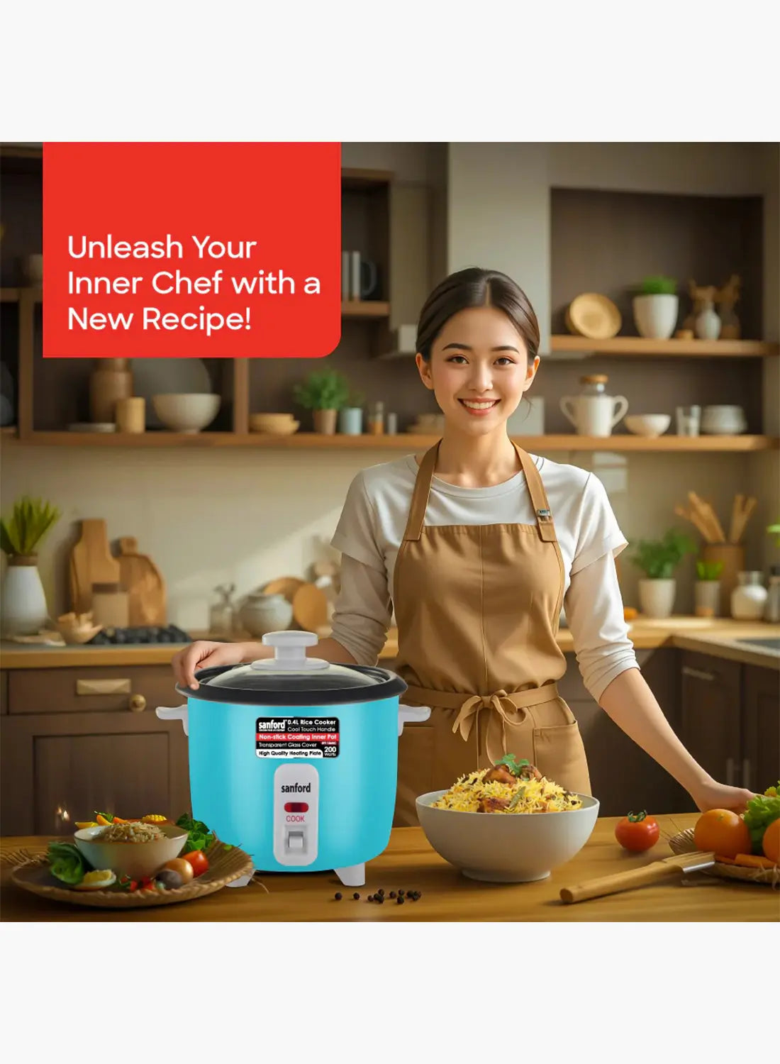 Sanford SF1156RC Rice Cooker 0.4L 200W | Compact Mini Cooker | Non-Stick Pot | Glass Lid | Single Serving