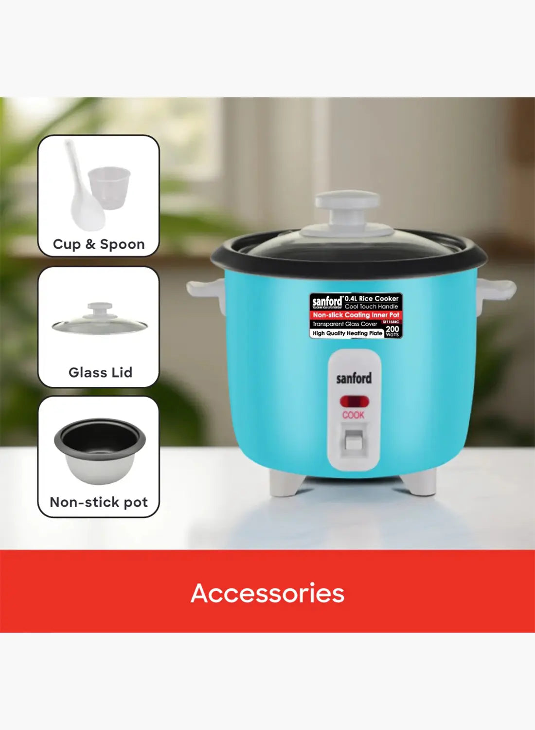 Sanford SF1156RC Rice Cooker 0.4L 200W | Compact Mini Cooker | Non-Stick Pot | Glass Lid | Single Serving