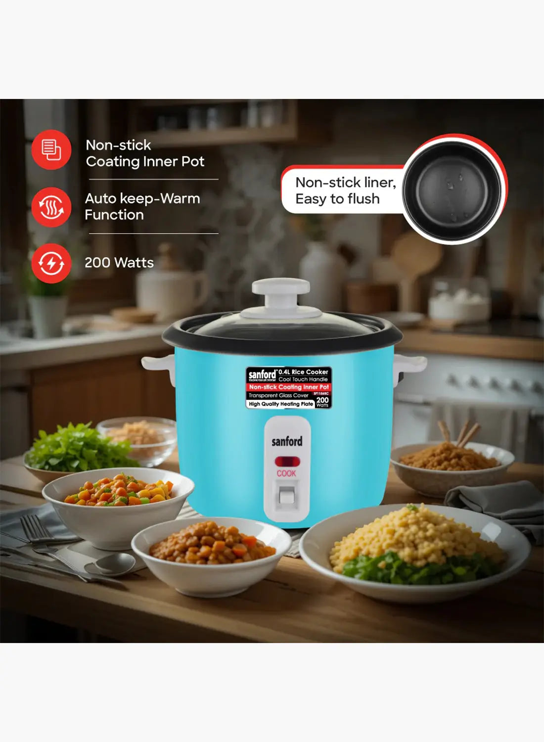 Sanford SF1156RC Rice Cooker 0.4L 200W | Compact Mini Cooker | Non-Stick Pot | Glass Lid | Single Serving