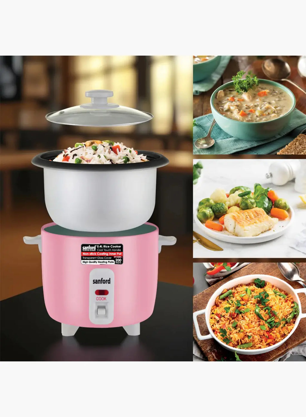 Sanford SF1156RC Rice Cooker 0.4L 200W | Compact Mini Cooker | Non-Stick Pot | Glass Lid | Single Serving
