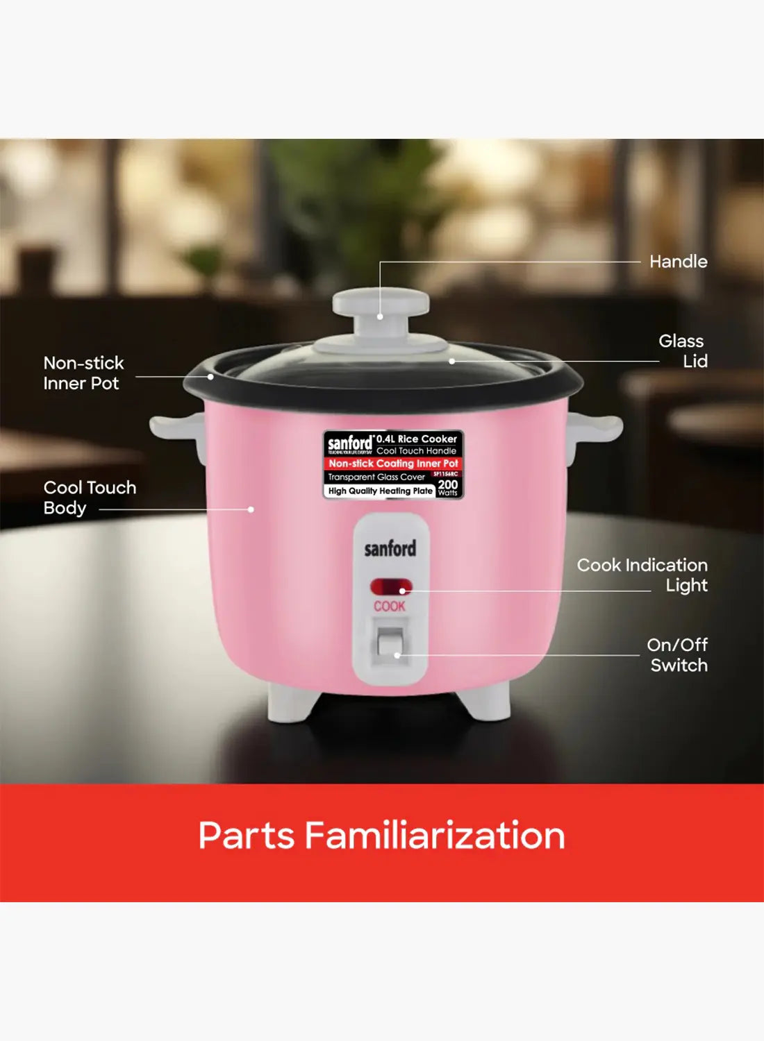 Sanford SF1156RC Rice Cooker 0.4L 200W | Compact Mini Cooker | Non-Stick Pot | Glass Lid | Single Serving