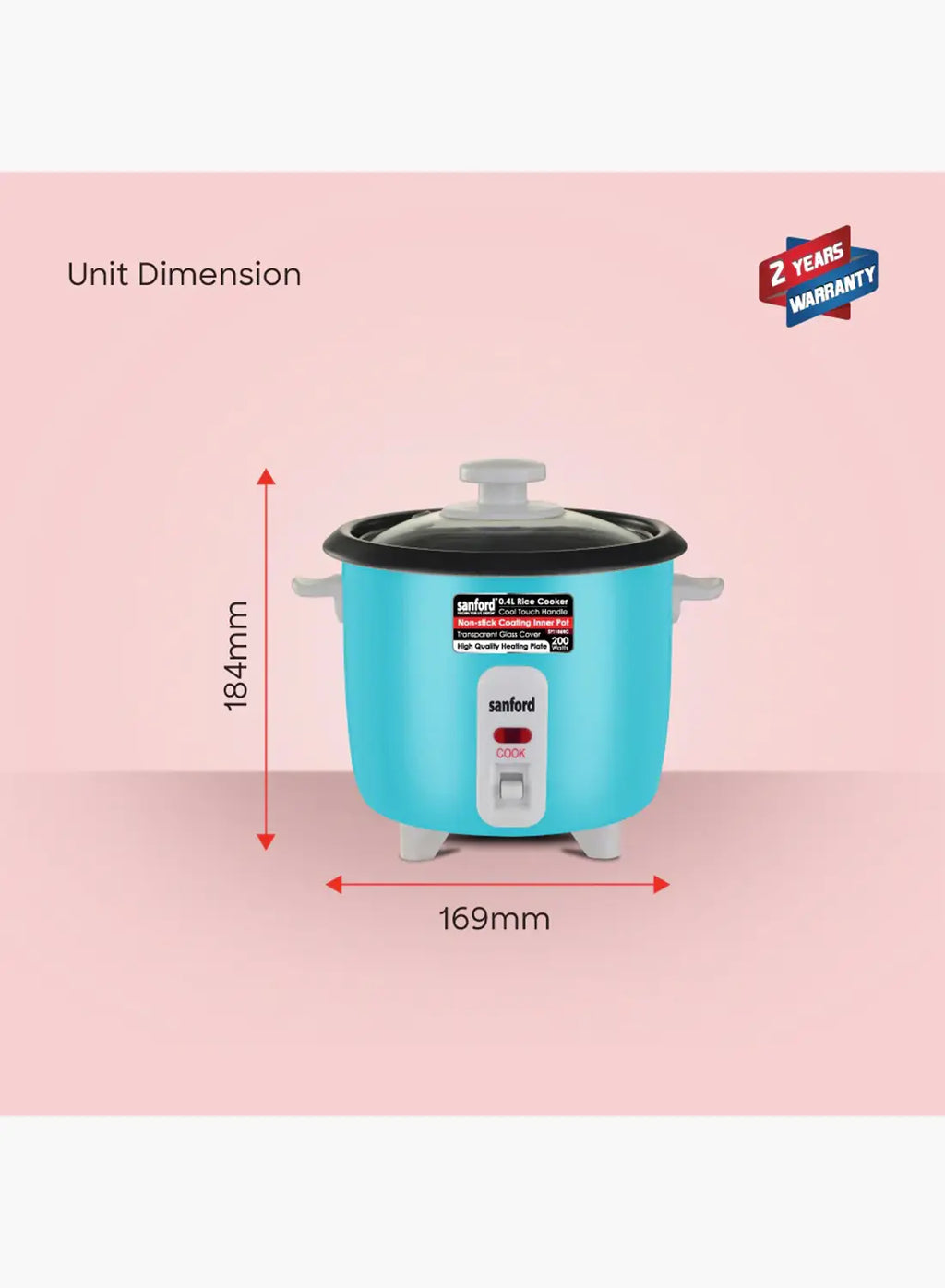 Sanford SF1156RC Rice Cooker 0.4L 200W | Compact Mini Cooker | Non-Stick Pot | Glass Lid | Single Serving