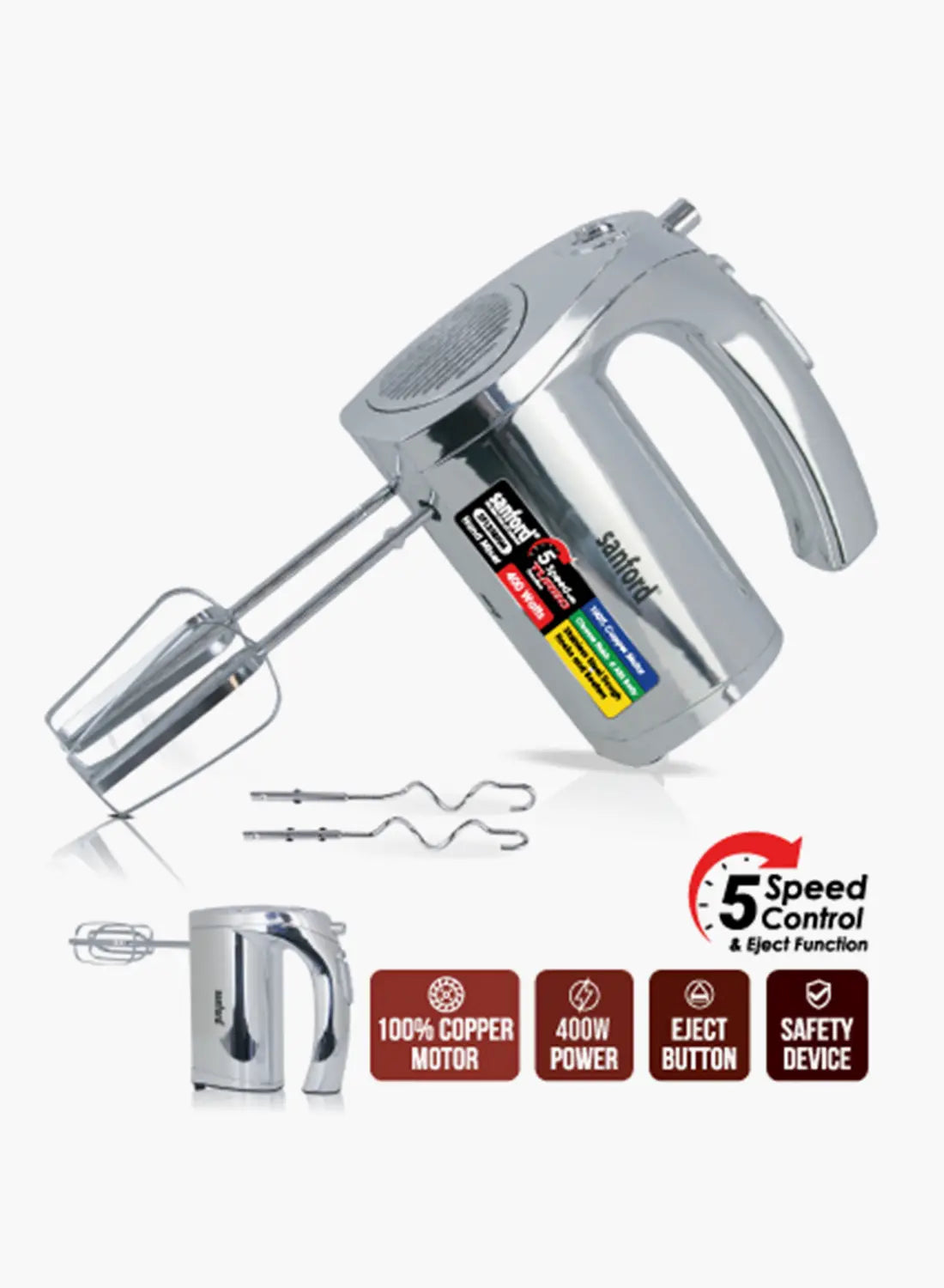 Sanford SF1338HM Hand Mixer 400W | 5 Speed + Turbo | SUS 304 Beaters & Dough Hooks | Heavy Duty Copper Motor