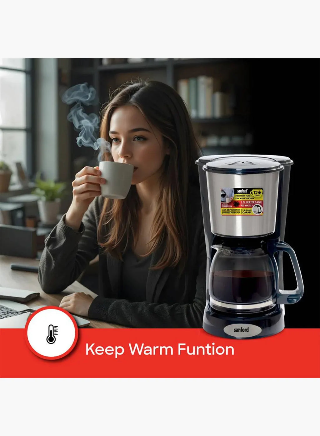 Sanford SF1394CM BS Coffee Maker 1.5L 900W | 12 Cups | Drip Coffee Machine | Keep Warm | Anti-Drip | Black