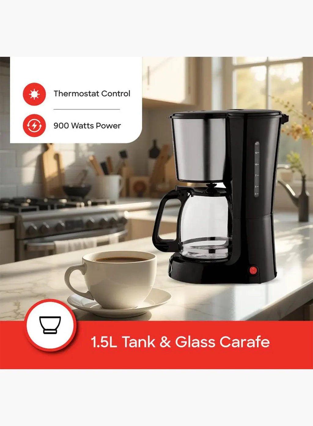 Sanford SF1394CM BS Coffee Maker 1.5L 900W | 12 Cups | Drip Coffee Machine | Keep Warm | Anti-Drip | Black