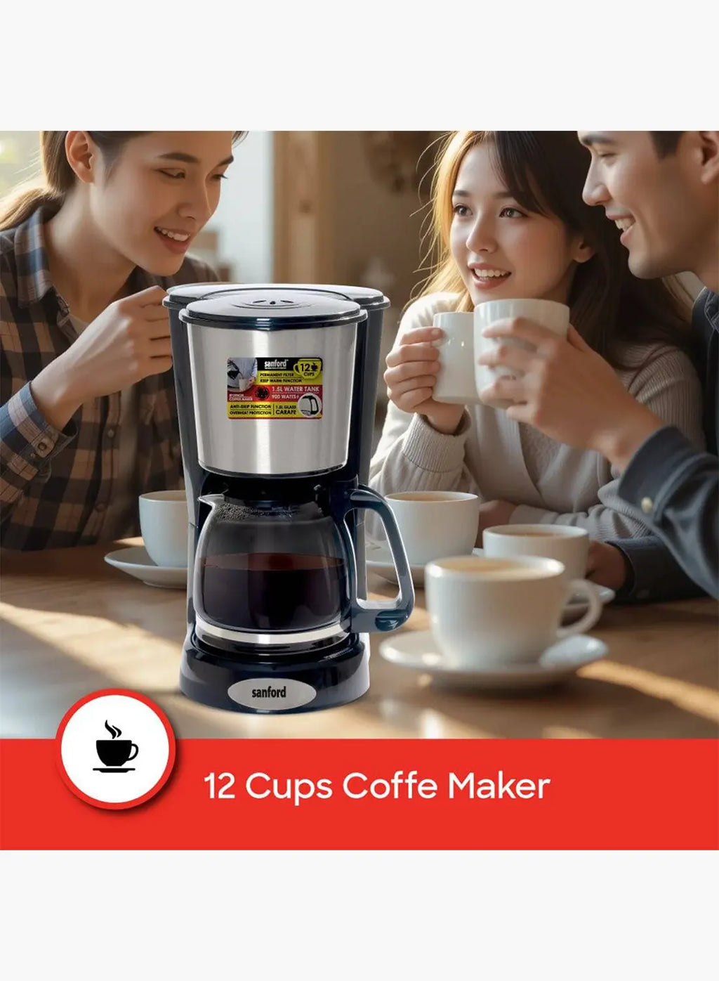 Sanford SF1394CM BS Coffee Maker 1.5L 900W | 12 Cups | Drip Coffee Machine | Keep Warm | Anti-Drip | Black