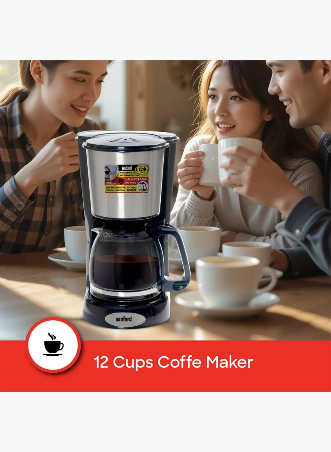 Sanford SF1394CM BS Coffee Maker 1.5L 900W | 12 Cups | Drip Coffee Machine | Keep Warm | Anti-Drip | Black