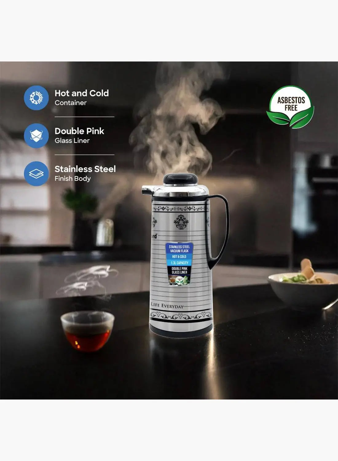 Sanford SF1687VF Vacuum Flask 1.3L | Hot & Cold 24 Hours | Leak-Proof | Glass Liner | Stainless Steel Finish