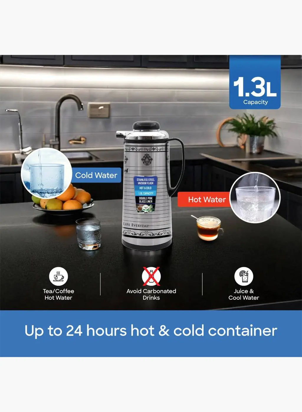 Sanford SF1687VF Vacuum Flask 1.3L | Hot & Cold 24 Hours | Leak-Proof | Glass Liner | Stainless Steel Finish