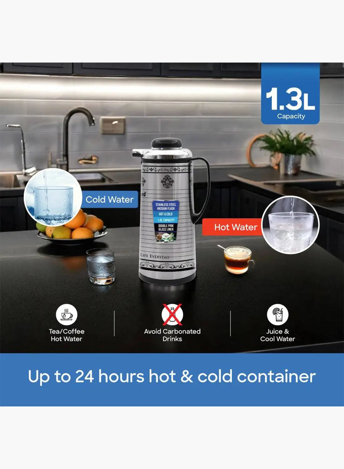 Sanford SF1687VF Vacuum Flask 1.3L | Hot & Cold 24 Hours | Leak-Proof | Glass Liner | Stainless Steel Finish