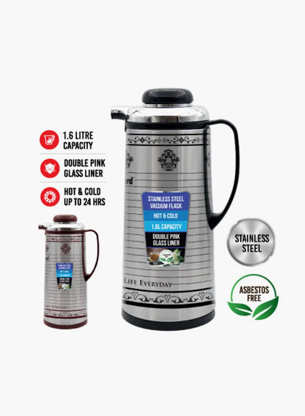 Sanford SF1688VF Vacuum Flask 1.6L | Hot & Cold 24 Hours | Leak-Proof | Glass Liner | Stainless Steel Body