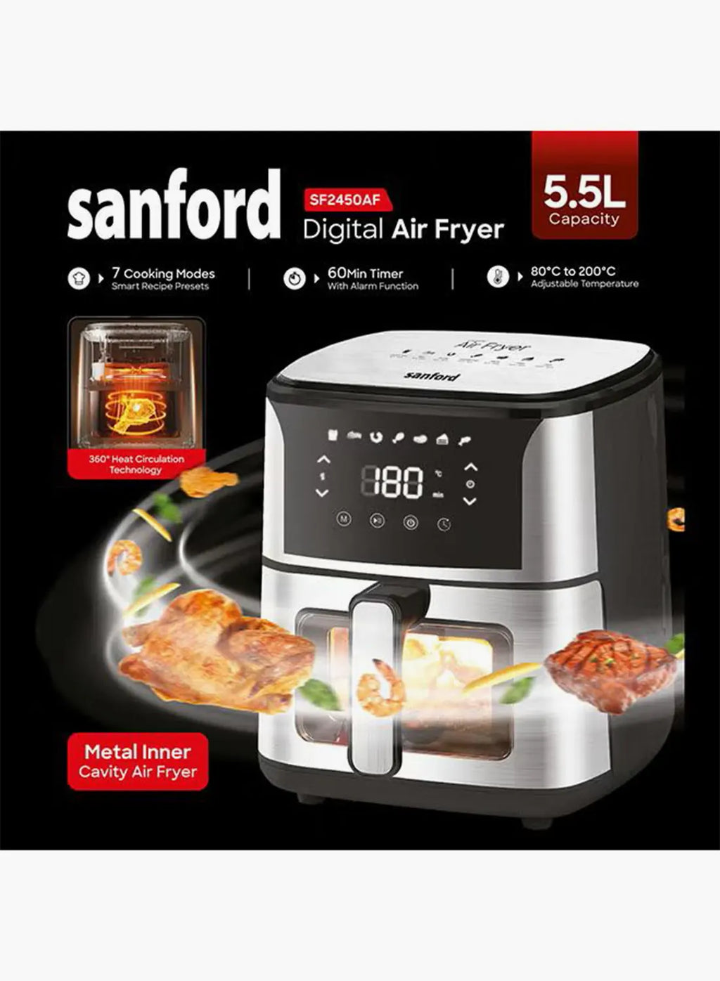 Sanford SF2450AF BS Digital Air Fryer 5.5L – 1500W Oil-Free with Window & 7 Smart Cooking Modes