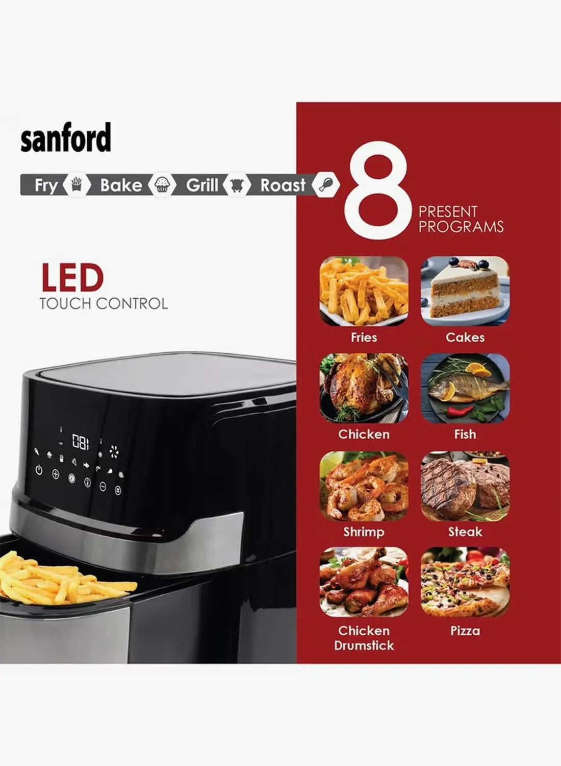 Sanford SF2454AF KC Stainless Steel Digital Air Fryer 7L 1700W | 8 Preset Menus | Vortex Technology | Oil-Free Cooking