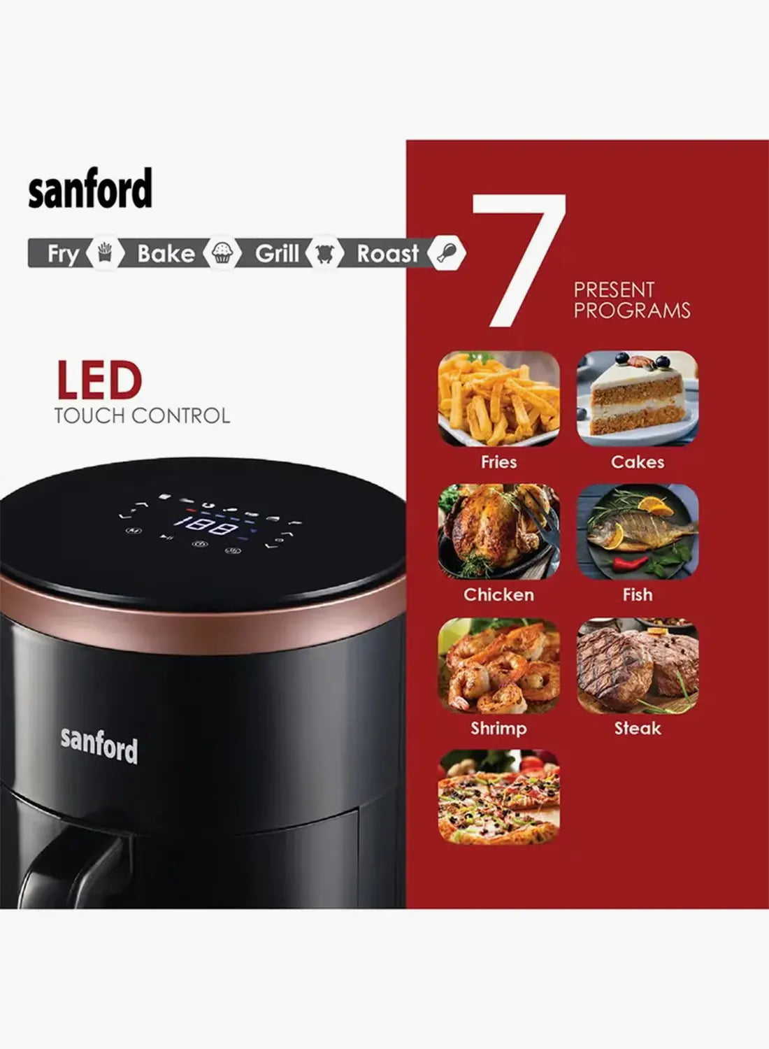 Sanford SF2455AF KC Digital Air Fryer 4L 1400W | LED Touch Display | 7 Preset Menus | Oil-Free Cooking