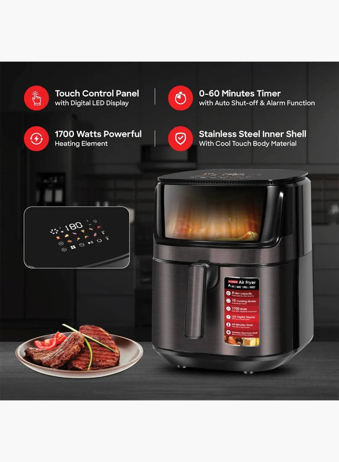Sanford SF2458AF BS Digital Air Fryer 8L 1700W with Window | 10 Cooking Modes | Triple Cooking Technology | Touch Control | Metallic