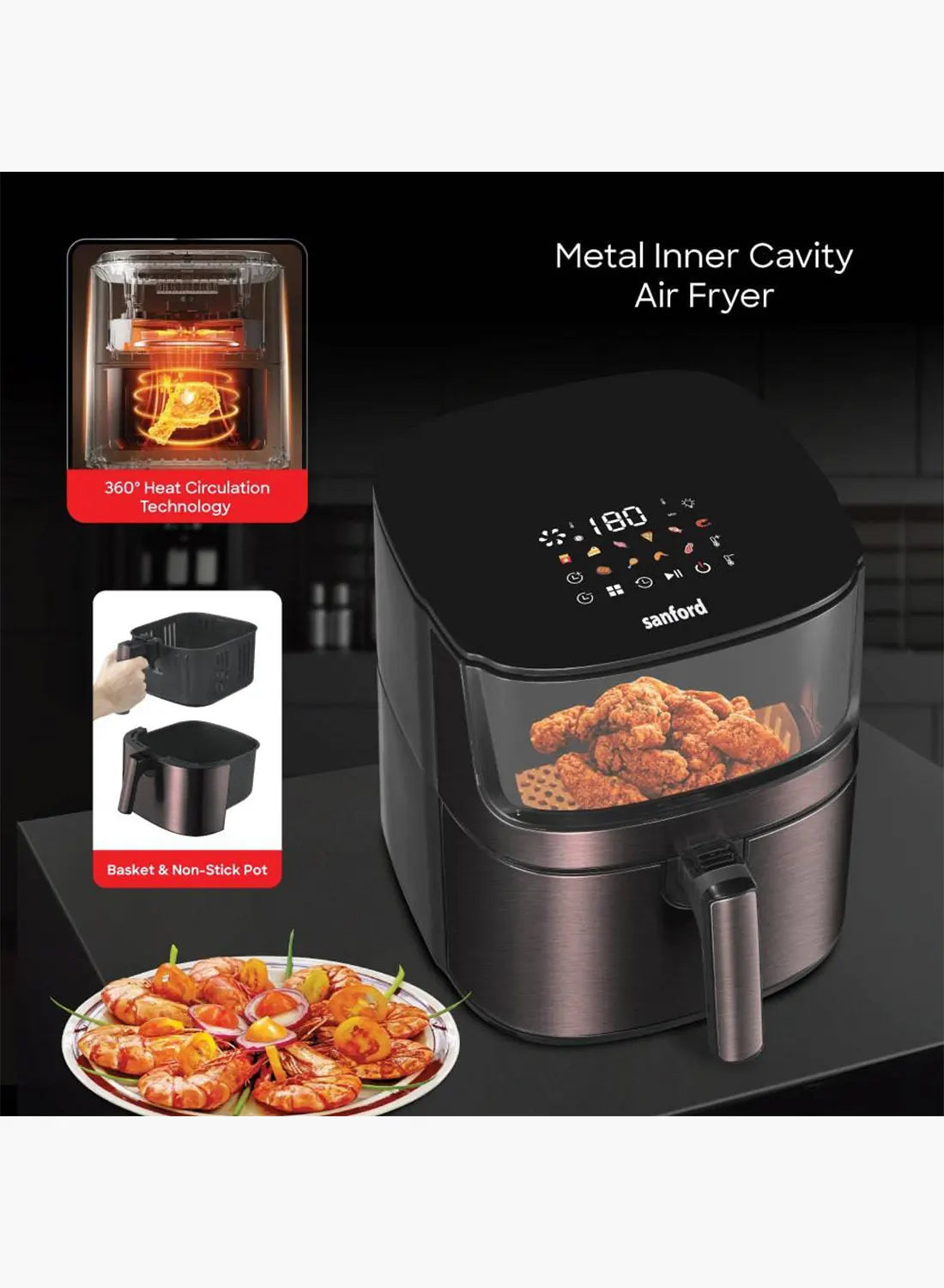Sanford SF2458AF BS Digital Air Fryer 8L 1700W with Window | 10 Cooking Modes | Triple Cooking Technology | Touch Control | Metallic