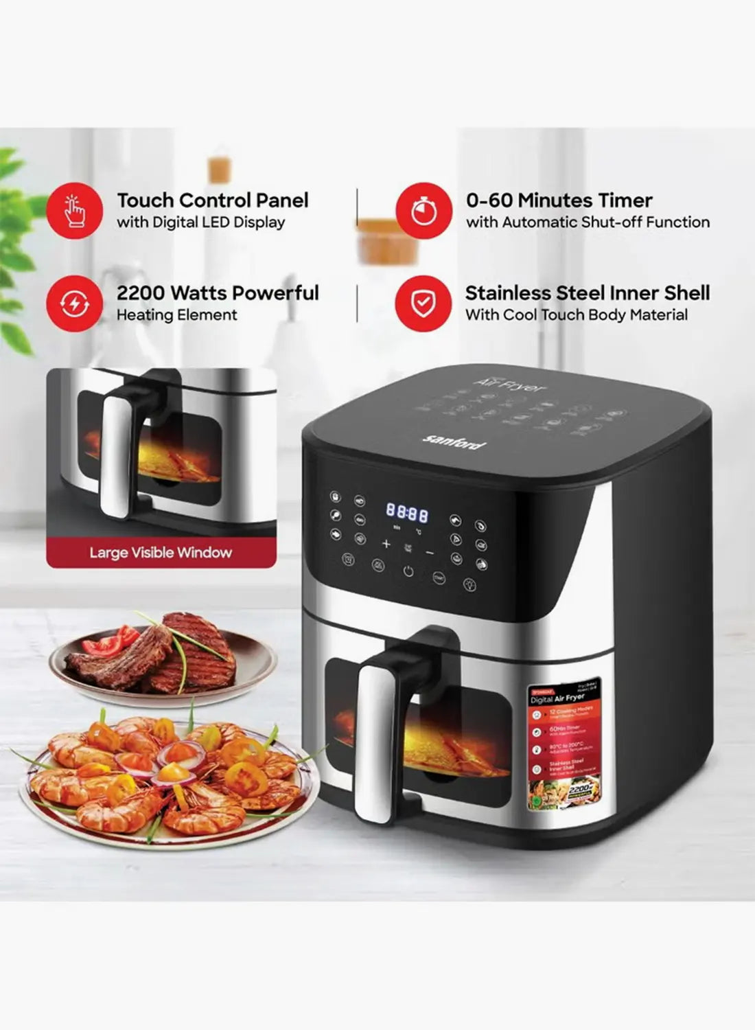 Sanford SF2460AF BS Digital Air Fryer 9.2L 2150W | 10 Preset Menus | LED Touch Display | Advanced Vortex Technology