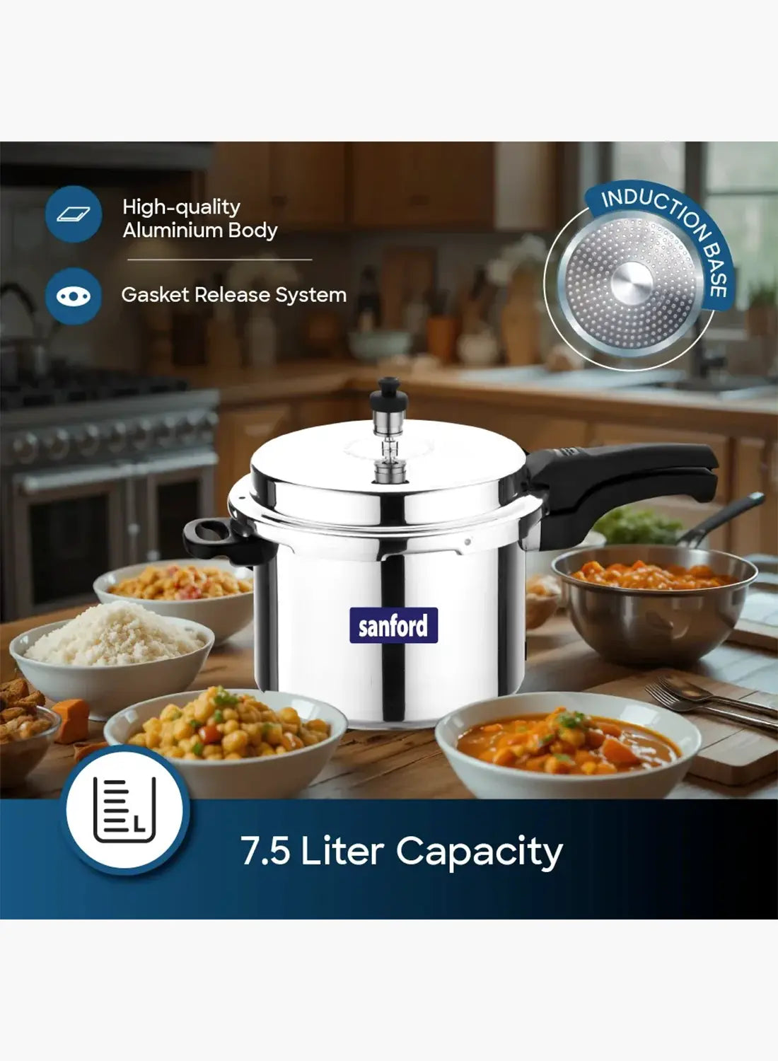 Sanford SF3254PC Aluminium Pressure Cooker 7.5L | Induction Base | Dual Safety Valve | Heavy Duty Cooker