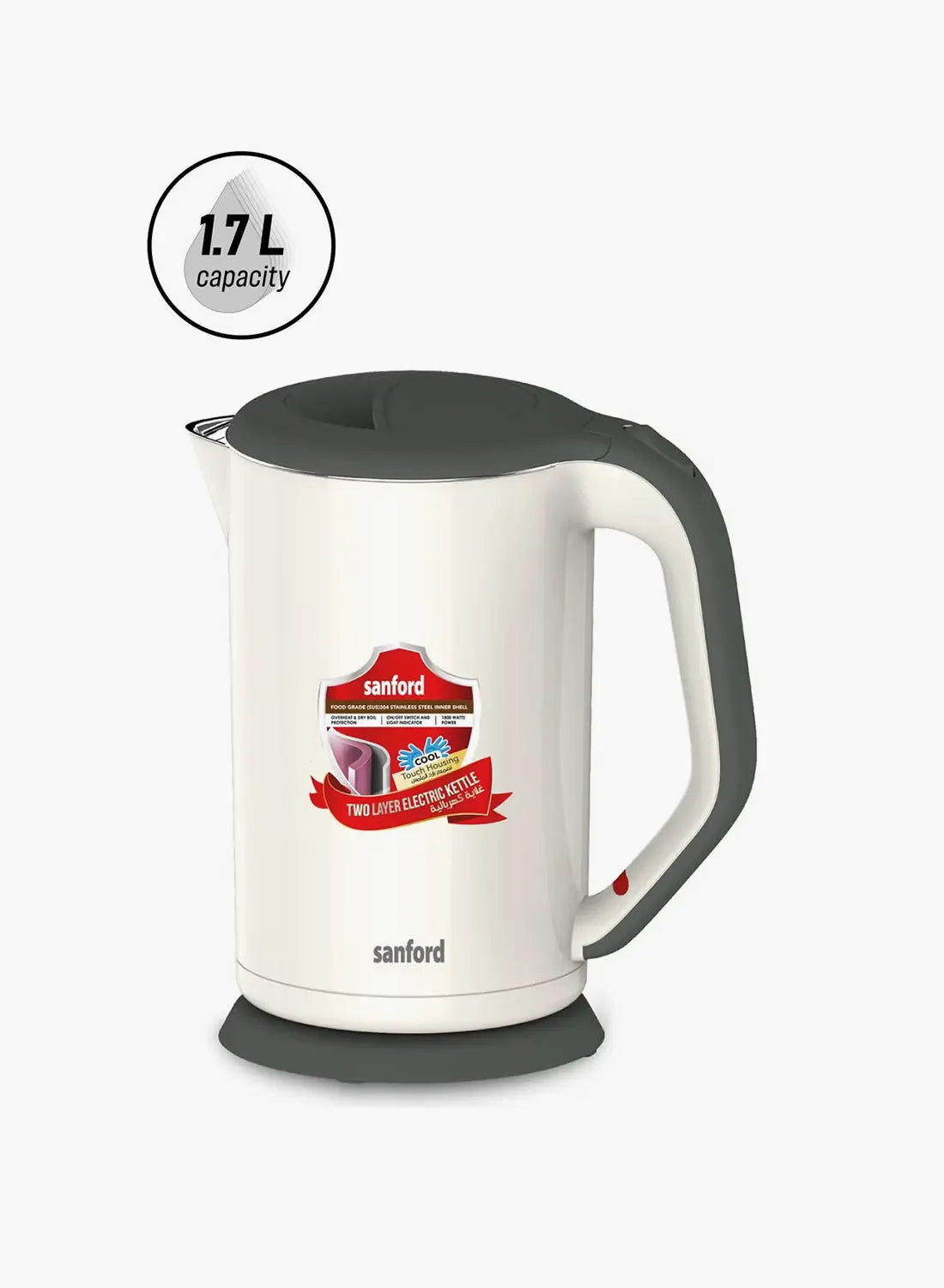 Sanford SF3328EK BS Electric Kettle 1.7L 1800W | Double Layer | Stainless Steel Inner | Auto Shut-Off | 360° Base | White