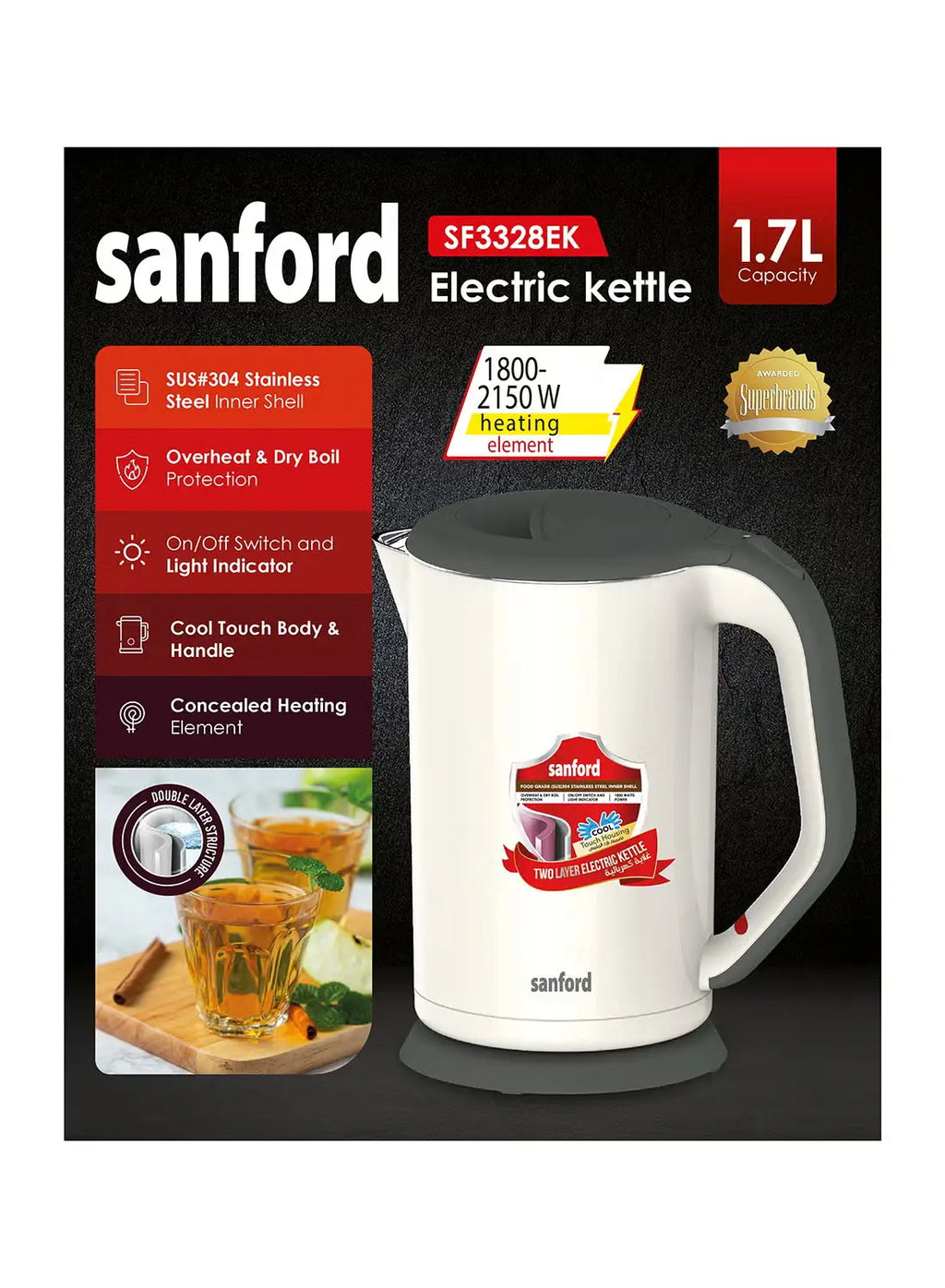 Sanford SF3328EK BS Electric Kettle 1.7L 1800W | Double Layer | Stainless Steel Inner | Auto Shut-Off | 360° Base | White