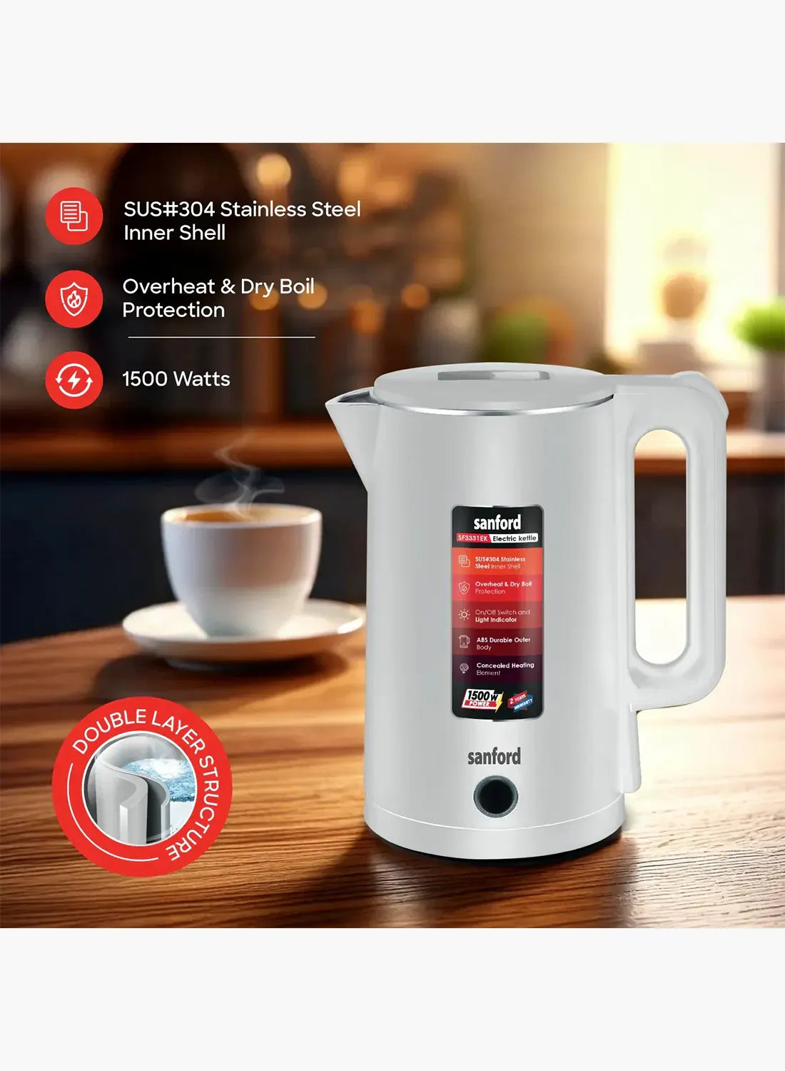 Sanford SF3331EK BS Double Layer Electric Kettle 1.8L 1500W | Stainless Steel Inner | Cool Touch | Auto Shut-Off | 360° Base