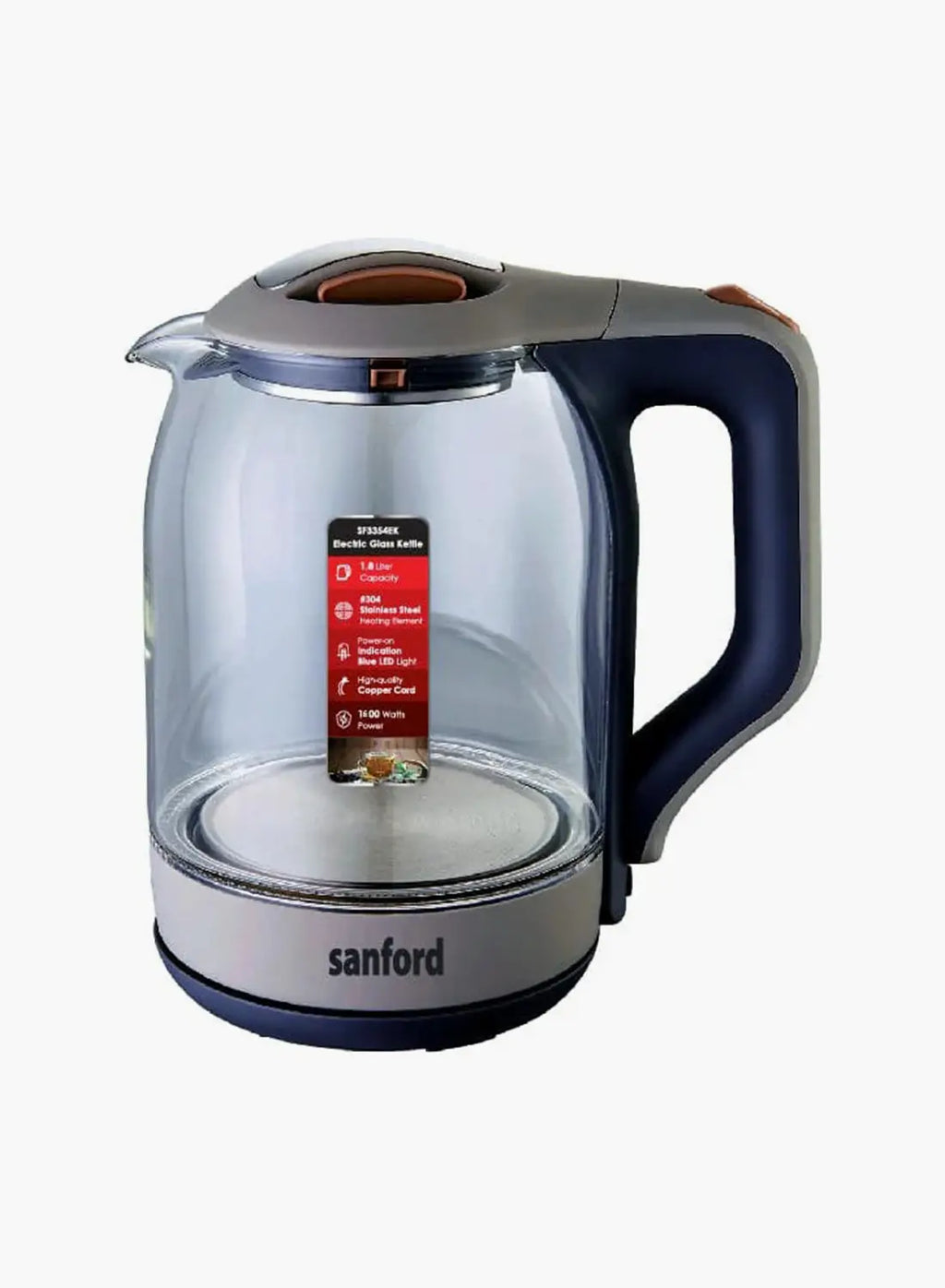 Sanford SF3354EK BS Glass Electric Kettle 1.8L 1600W | Borosilicate Glass | Blue LED Light | Auto Shut-Off | 360° Base