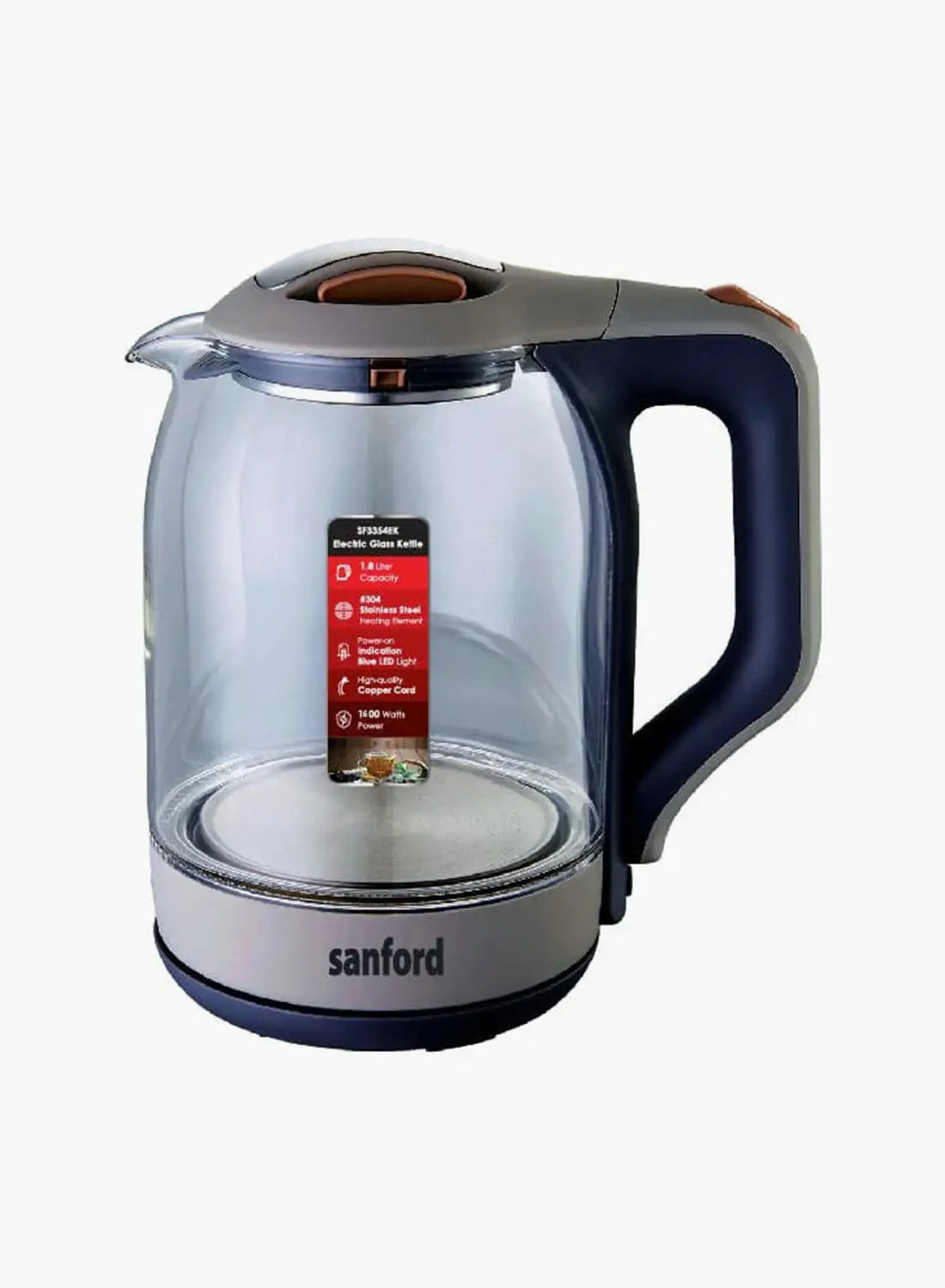 Sanford SF3354EK BS Glass Electric Kettle 1.8L 1600W | Borosilicate Glass | Blue LED Light | Auto Shut-Off | 360° Base