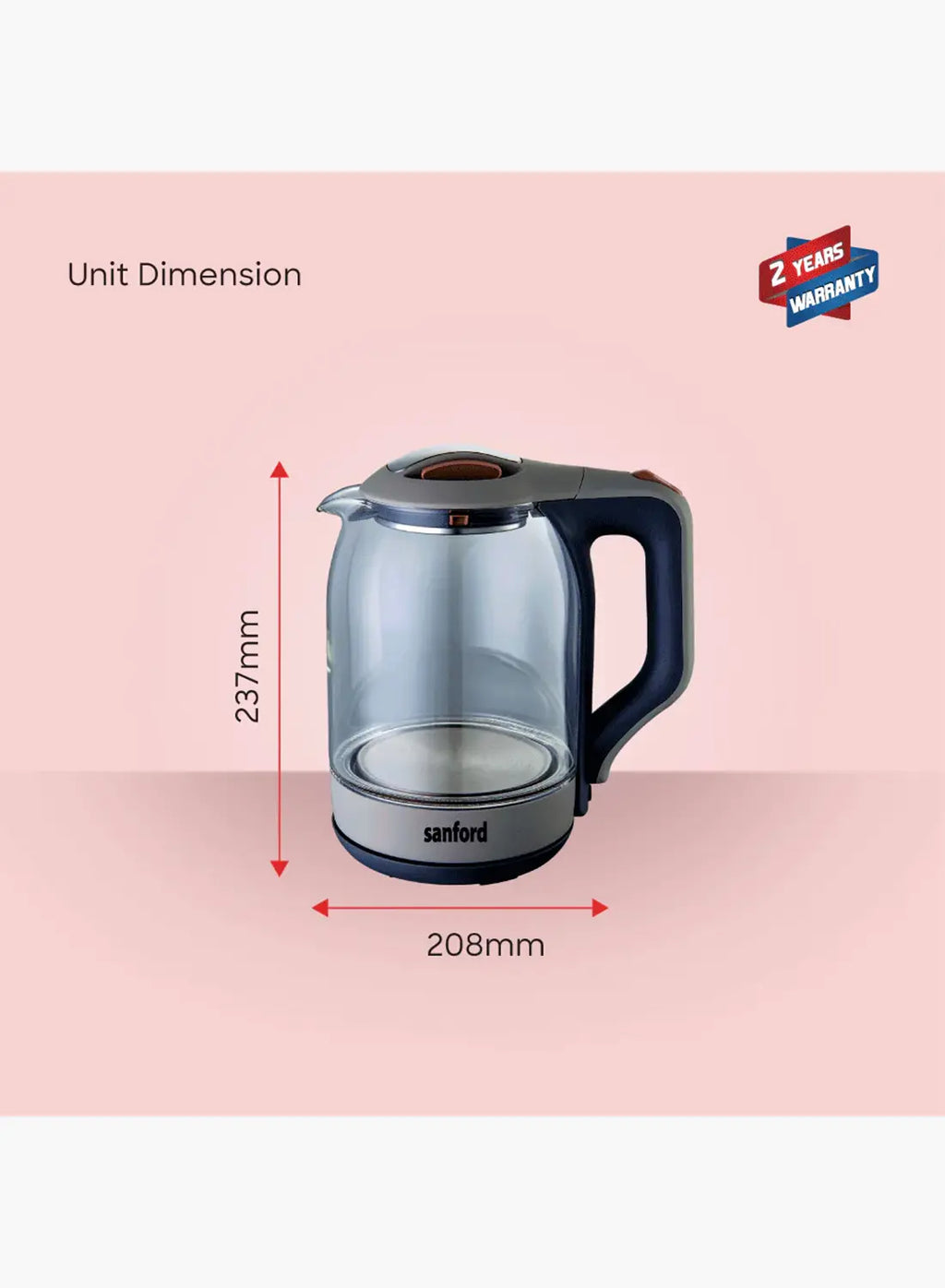 Sanford SF3354EK BS Glass Electric Kettle 1.8L 1600W | Borosilicate Glass | Blue LED Light | Auto Shut-Off | 360° Base