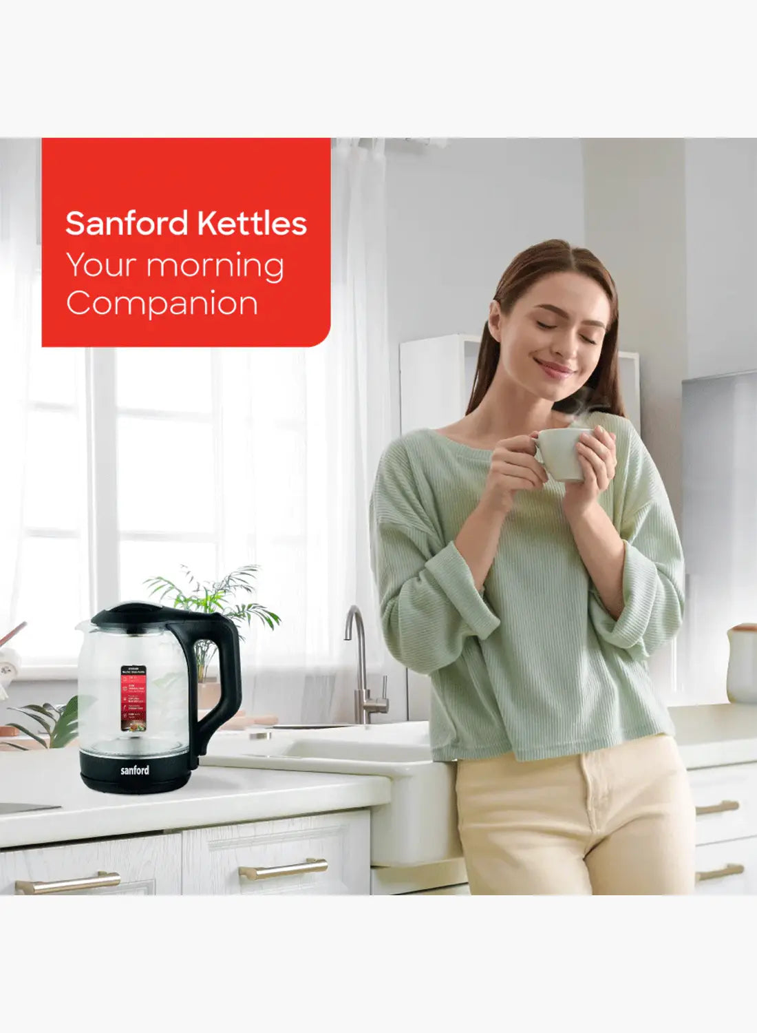 Sanford SF3354EK BS Glass Electric Kettle 1.8L 1600W | Borosilicate Glass | Blue LED Light | Auto Shut-Off | 360° Base