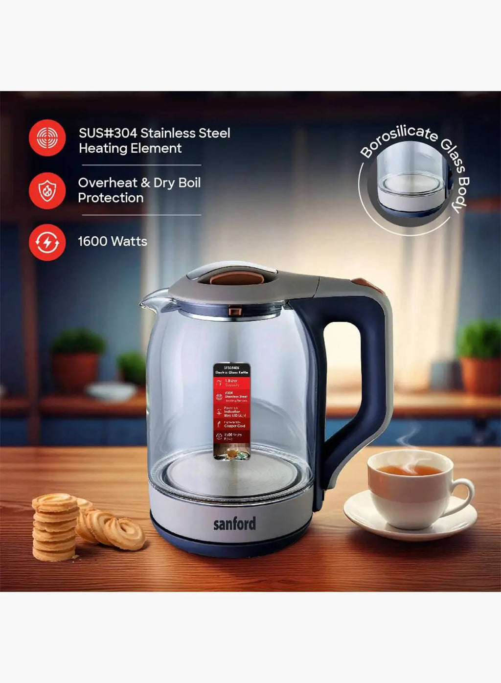 Sanford SF3354EK BS Glass Electric Kettle 1.8L 1600W | Borosilicate Glass | Blue LED Light | Auto Shut-Off | 360° Base