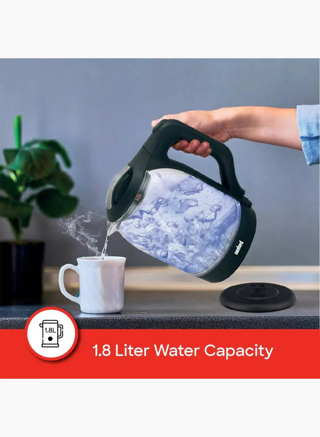 Sanford SF3354EK BS Glass Electric Kettle 1.8L 1600W | Borosilicate Glass | Blue LED Light | Auto Shut-Off | 360° Base