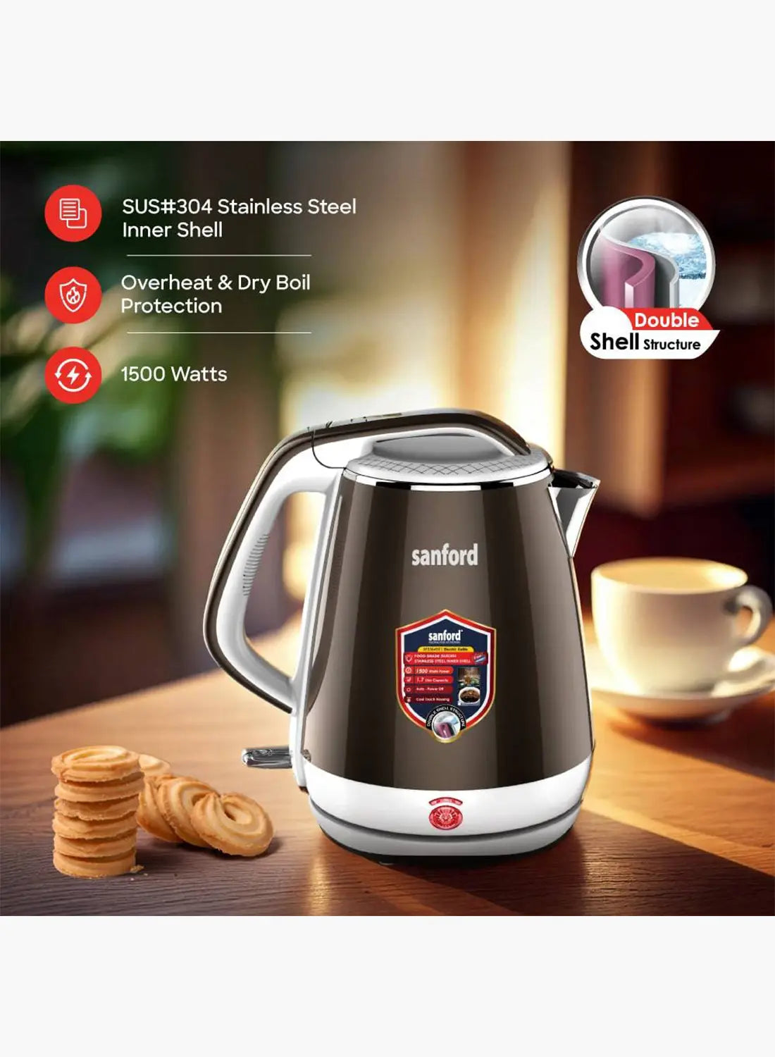 Sanford SF3364EK BS Electric Kettle 1.7L 1500W | Double Layer Cool Touch | SUS304 Stainless Steel Inner | Auto Shut-Off | 360° Base
