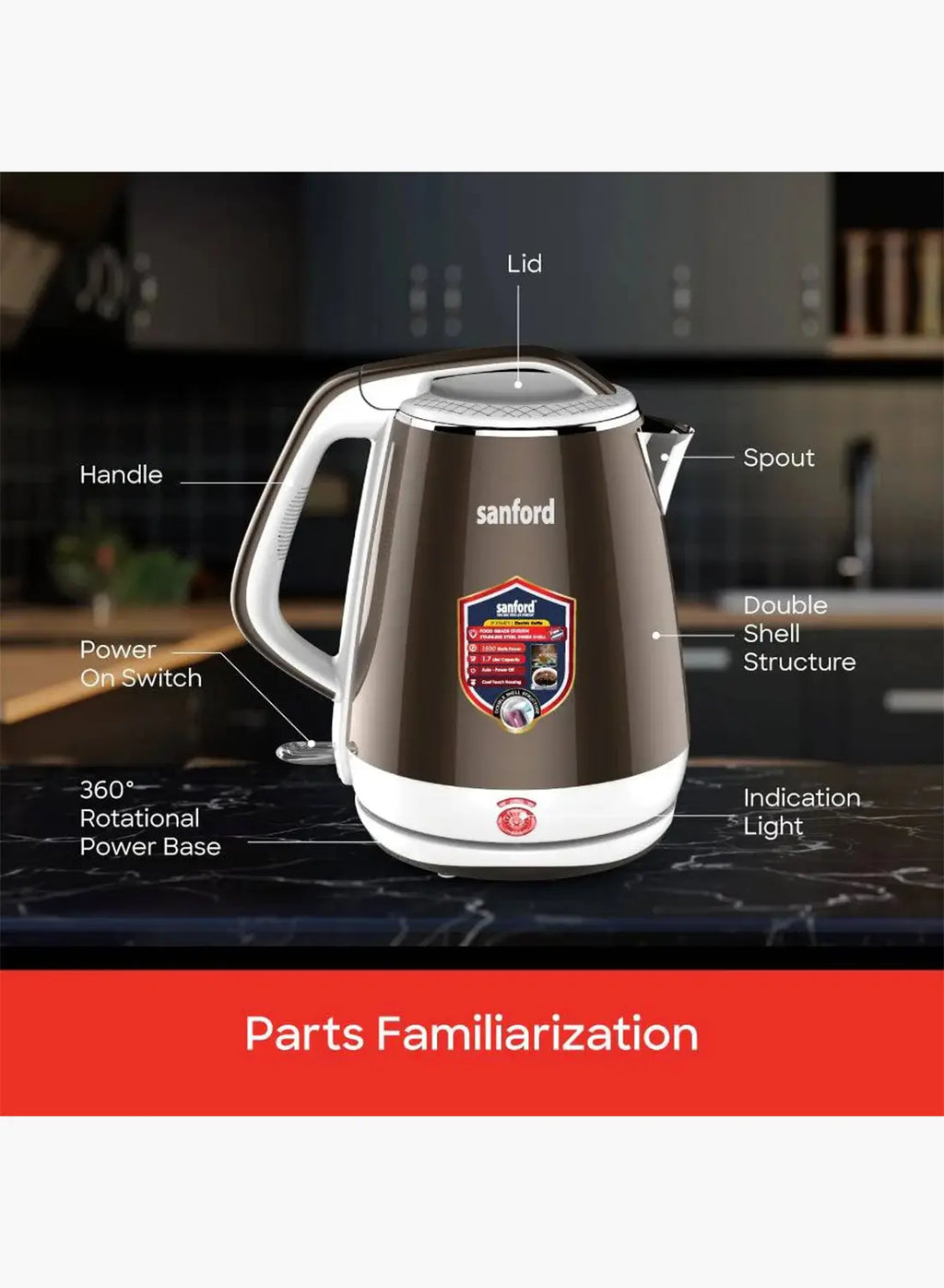 Sanford SF3364EK BS Electric Kettle 1.7L 1500W | Double Layer Cool Touch | SUS304 Stainless Steel Inner | Auto Shut-Off | 360° Base