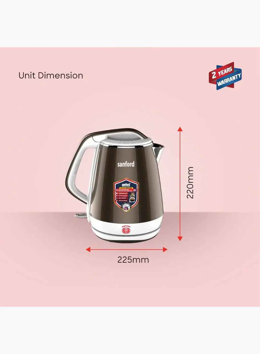 Sanford SF3364EK BS Electric Kettle 1.7L 1500W | Double Layer Cool Touch | SUS304 Stainless Steel Inner | Auto Shut-Off | 360° Base