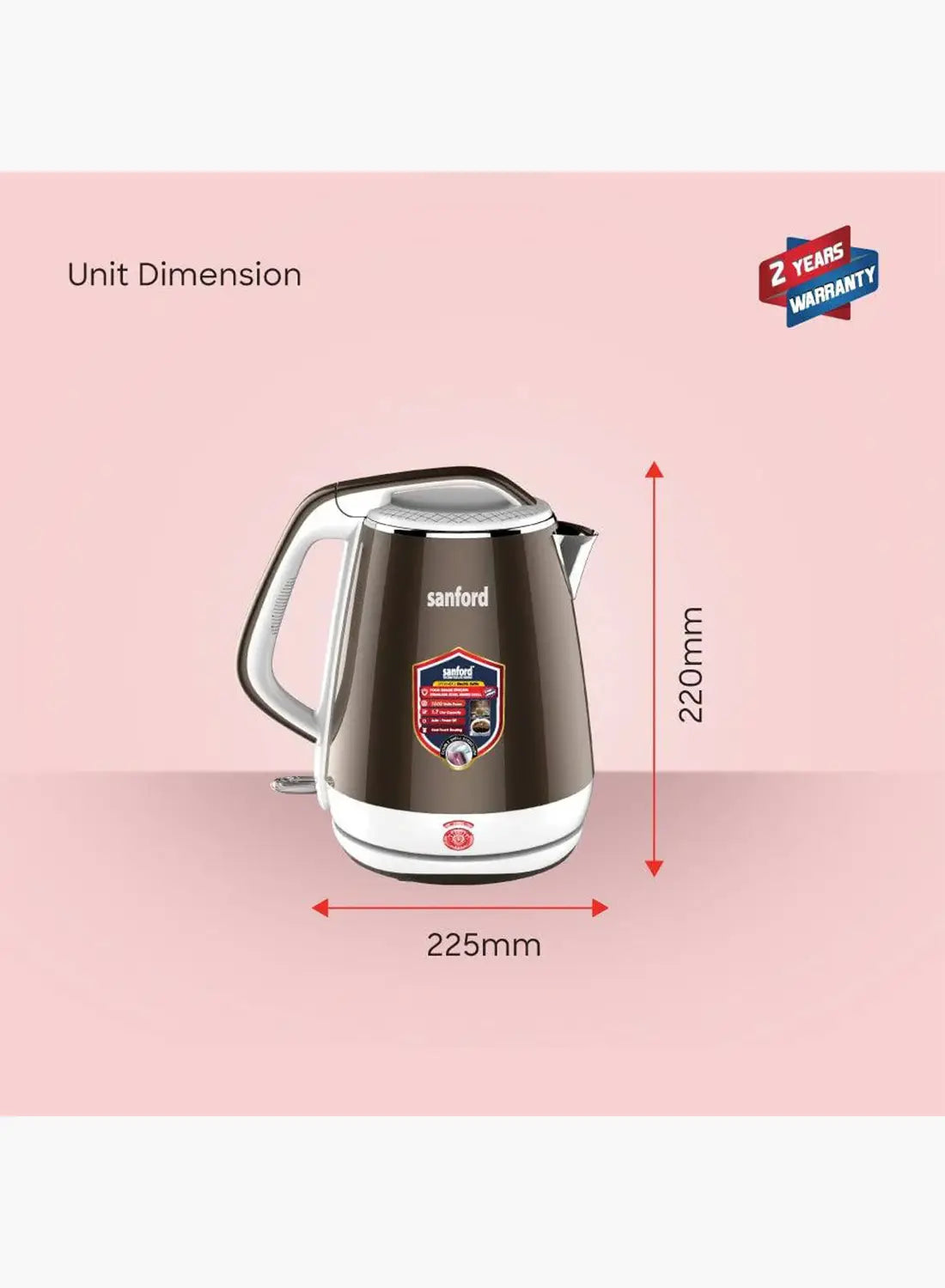 Sanford SF3364EK BS Electric Kettle 1.7L 1500W | Double Layer Cool Touch | SUS304 Stainless Steel Inner | Auto Shut-Off | 360° Base