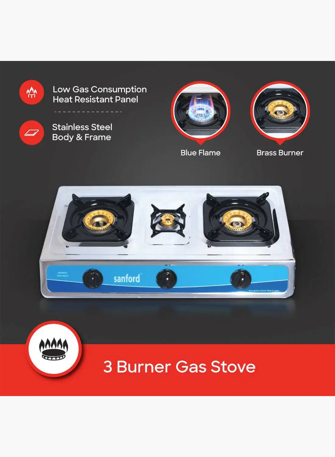 Sanford SF5310GC 3 Burner Gas Stove | Stainless Steel | Auto Ignition | Low Gas Consumption | Powerful Flame