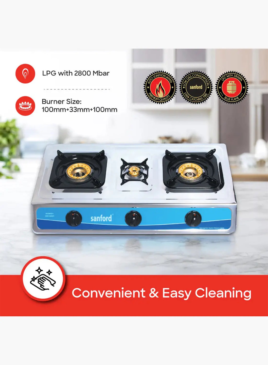 Sanford SF5310GC 3 Burner Gas Stove | Stainless Steel | Auto Ignition | Low Gas Consumption | Powerful Flame
