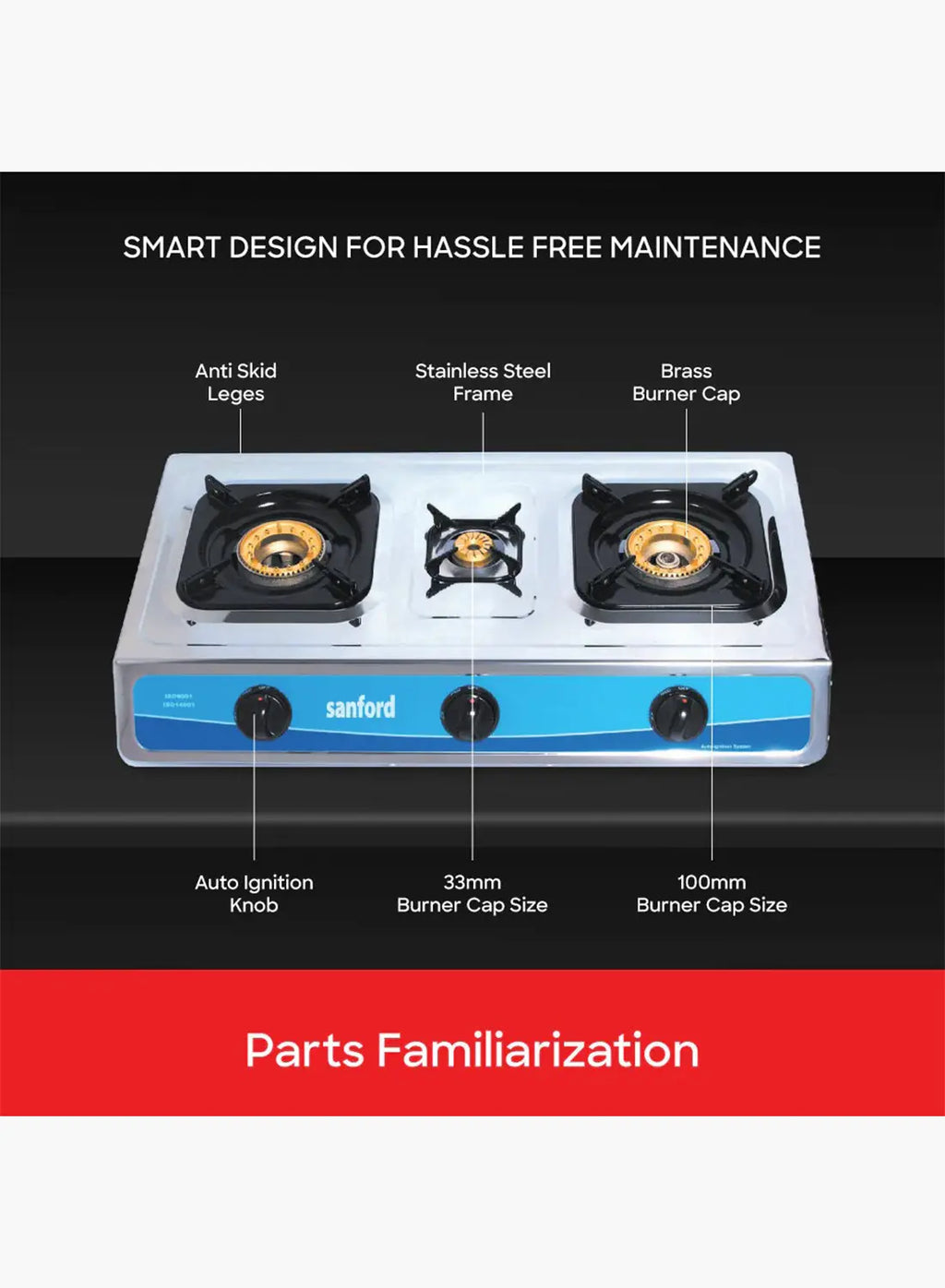 Sanford SF5310GC 3 Burner Gas Stove | Stainless Steel | Auto Ignition | Low Gas Consumption | Powerful Flame
