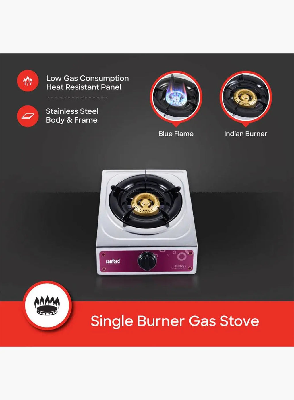 Sanford SF5352GC 1 Burner Gas Stove | Stainless Steel | Auto Ignition | Blue Flame | Compact LPG Cooktop