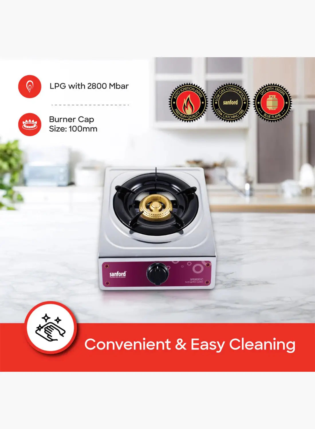 Sanford SF5352GC 1 Burner Gas Stove | Stainless Steel | Auto Ignition | Blue Flame | Compact LPG Cooktop