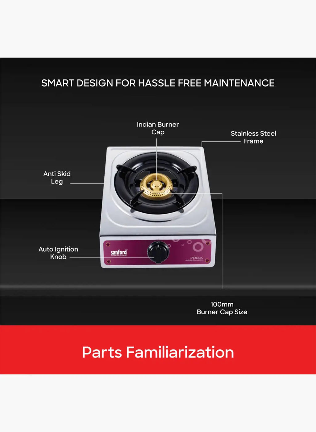 Sanford SF5352GC 1 Burner Gas Stove | Stainless Steel | Auto Ignition | Blue Flame | Compact LPG Cooktop