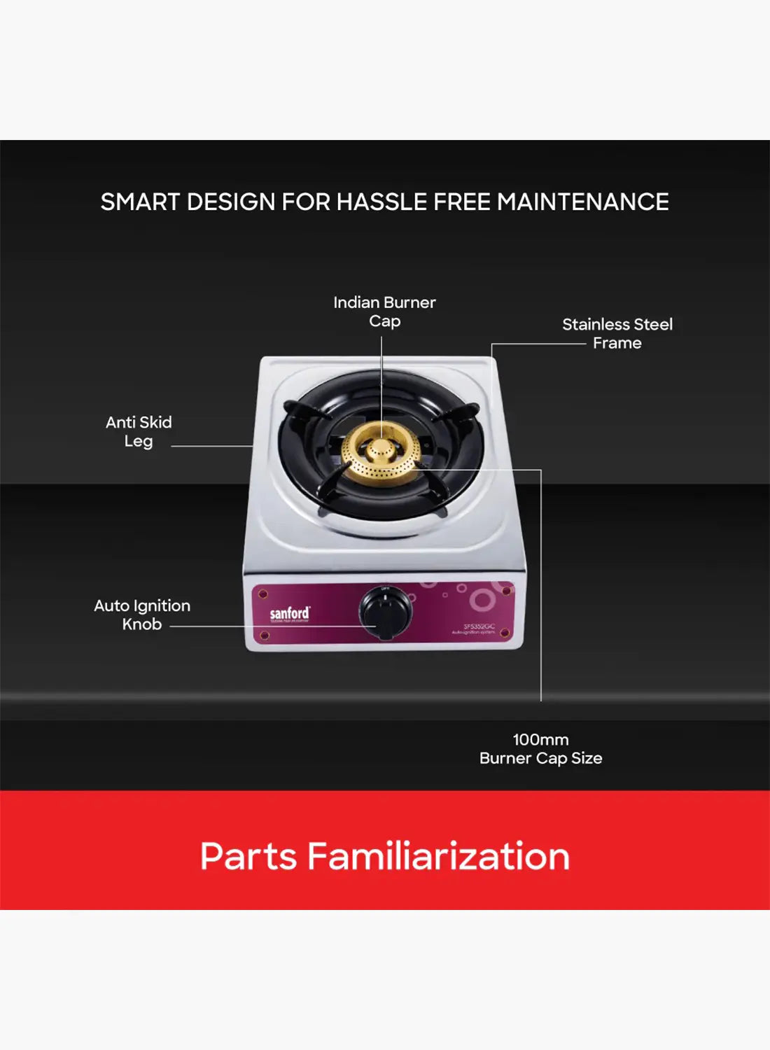 Sanford SF5352GC 1 Burner Gas Stove | Stainless Steel | Auto Ignition | Blue Flame | Compact LPG Cooktop