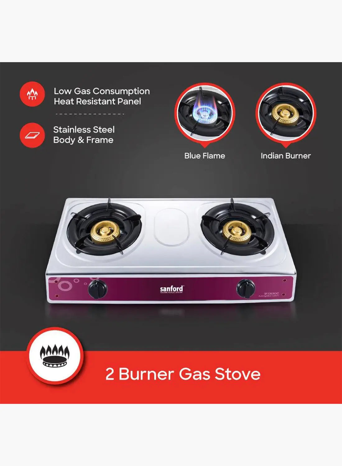 Sanford SF5353GC 2 Burner Gas Stove | Stainless Steel | Auto Ignition | Blue Flame | Indian Burners | Low Gas Consumption