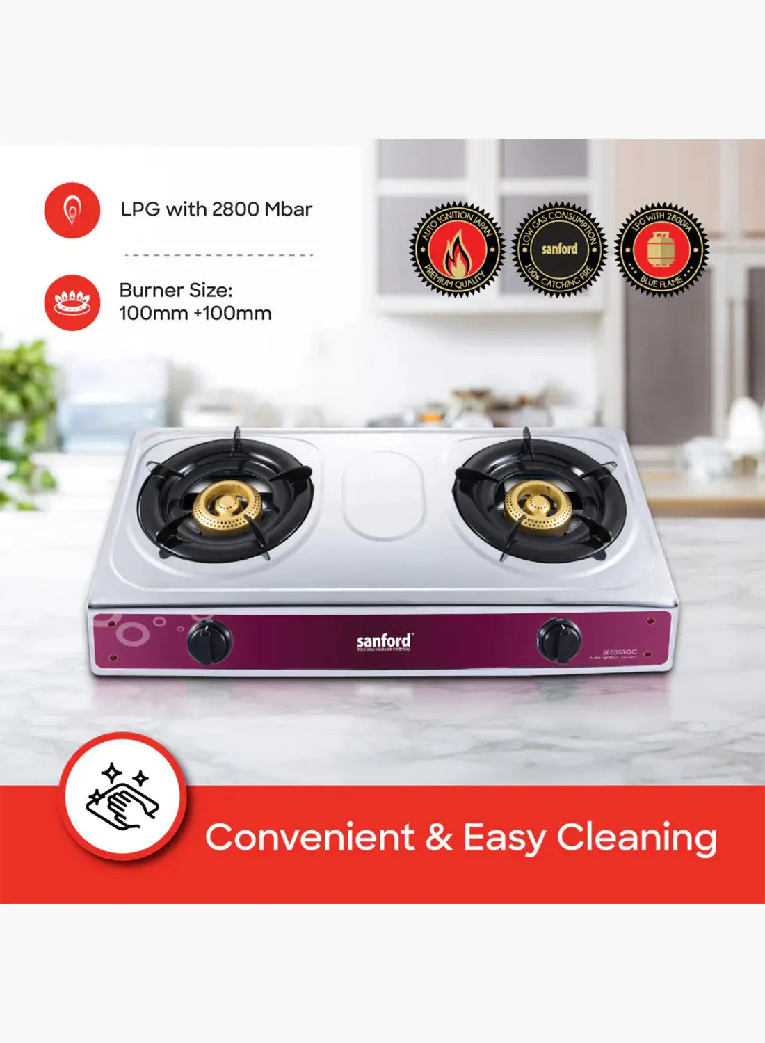 Sanford SF5353GC 2 Burner Gas Stove | Stainless Steel | Auto Ignition | Blue Flame | Indian Burners | Low Gas Consumption