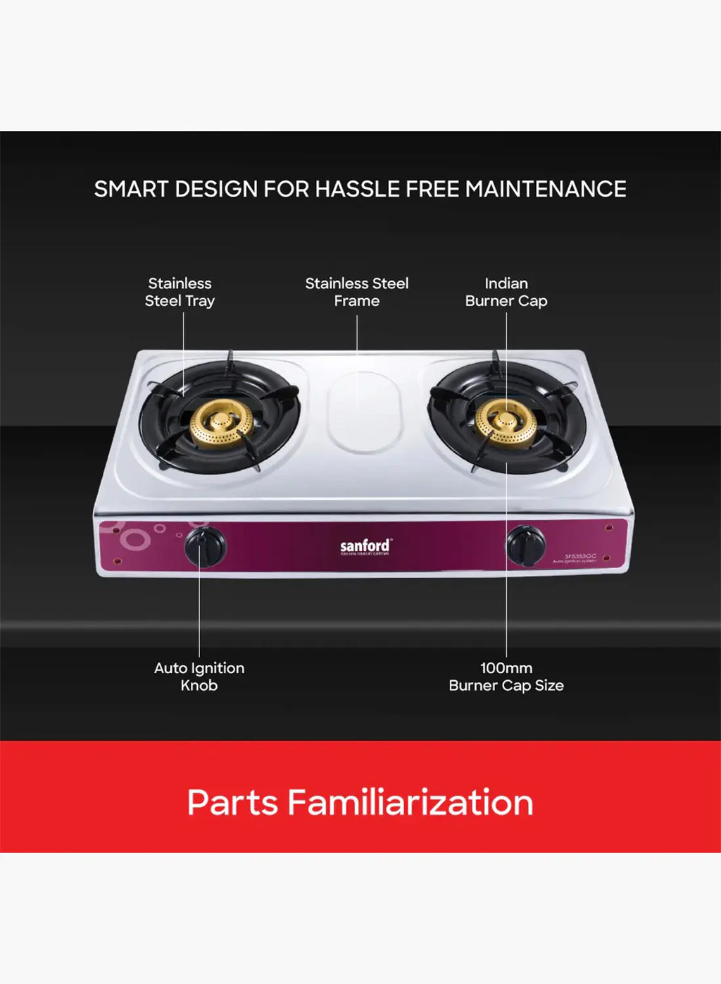 Sanford SF5353GC 2 Burner Gas Stove | Stainless Steel | Auto Ignition | Blue Flame | Indian Burners | Low Gas Consumption