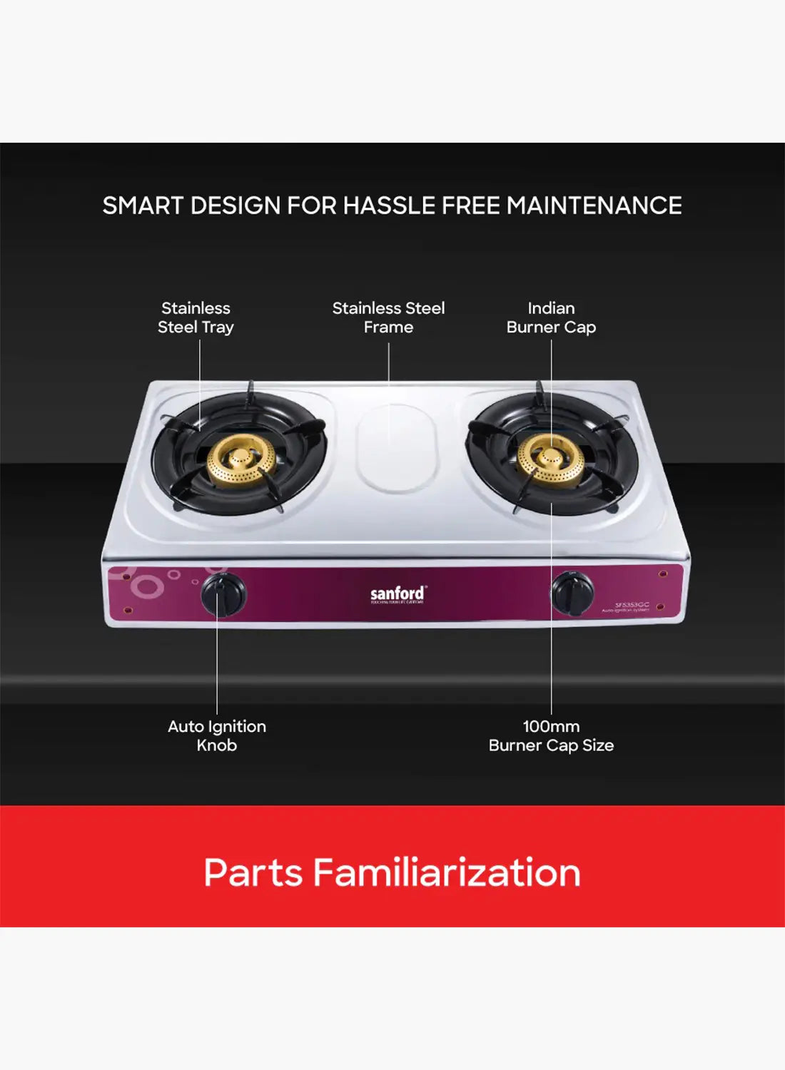 Sanford SF5353GC 2 Burner Gas Stove | Stainless Steel | Auto Ignition | Blue Flame | Indian Burners | Low Gas Consumption