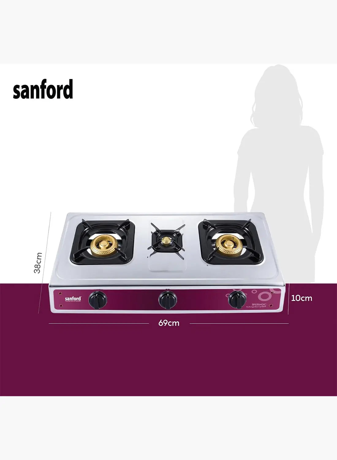 Sanford SF5354GC FSD 3 Burner Gas Stove | Stainless Steel | Auto Ignition | FSD Safety | Cast Iron Burners | Blue Flame