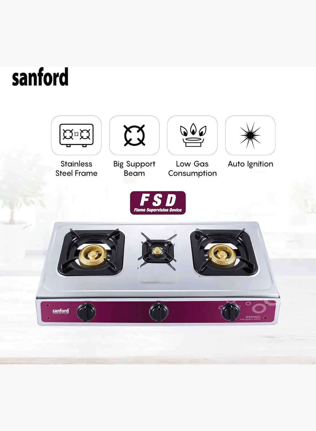Sanford SF5354GC FSD 3 Burner Gas Stove | Stainless Steel | Auto Ignition | FSD Safety | Cast Iron Burners | Blue Flame