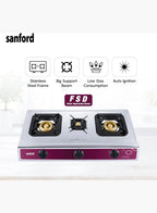 Sanford SF5354GC FSD 3 Burner Gas Stove | Stainless Steel | Auto Ignition | FSD Safety | Cast Iron Burners | Blue Flame